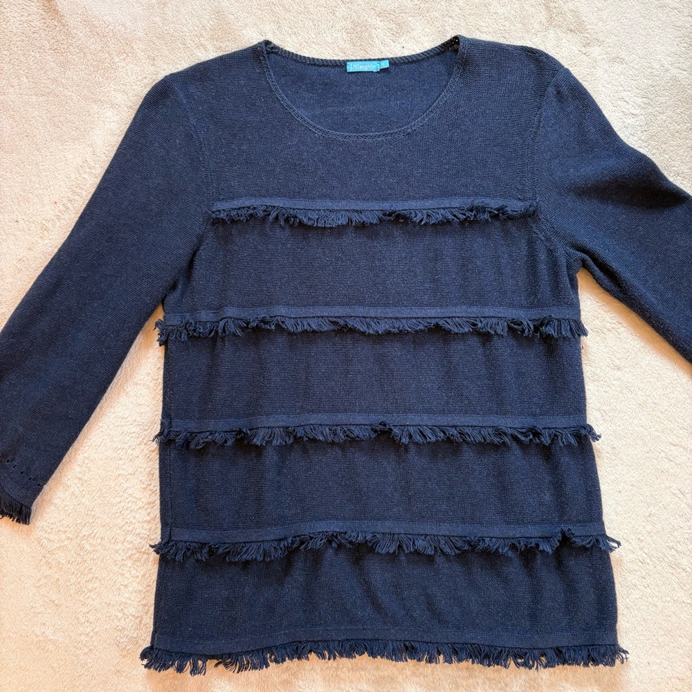 J. McLaughlin Navy Fringe-Tiered 3/4 Sleeve Turla Sweater Sz M